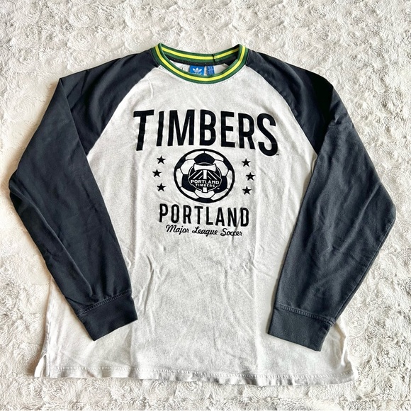 Portland Timbers Shirt Tee Mens XL Gray Black Spell Out Soccer MLS Adidas Raglan - Picture 1 of 13